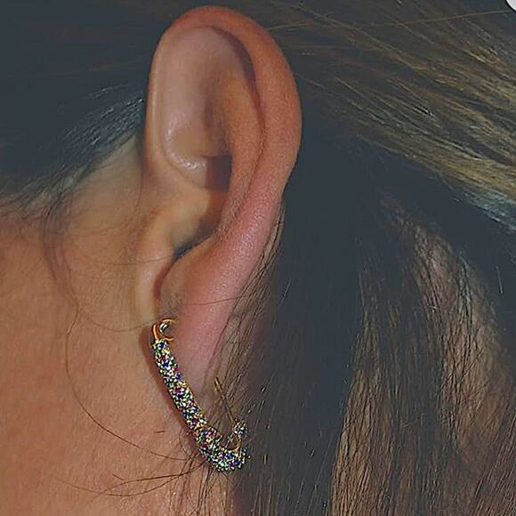 Gold Plated Rhinestone Safety-pin Earring, Multicolor, Punk, Hip Hop - Picture 2 of 8